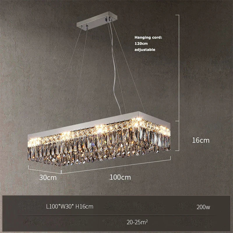 Ornate rectangular LED crystal chandelier with pendants, 120cm adjustable cord, modern design, 200W illumination.