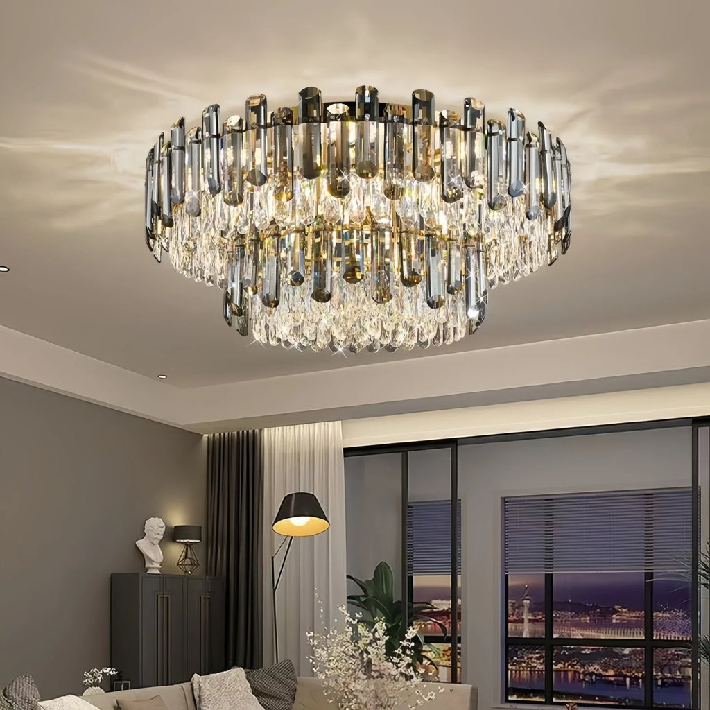 Maison Ornate Elegant Modern Crystal Bedroom Pendant Light hangs from the ceiling, radiating warm light.
