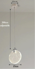 Nordic-style LED crystal chandelier with 15 cm round shade and adjustable 200 cm pendant.