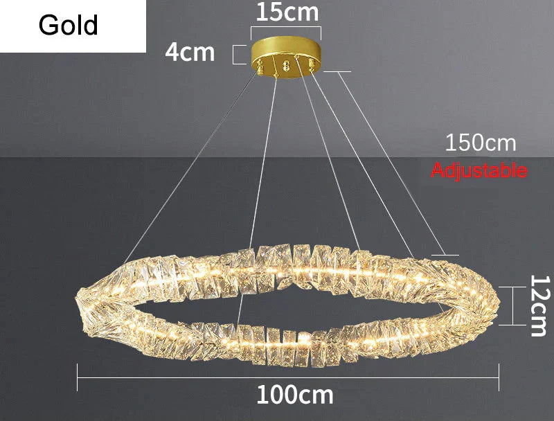 Elegant dimmable LED crystal chandelier with 100cm illuminated ring and adjustable suspension cables.