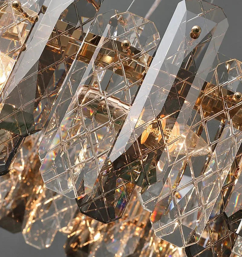 Close-up of Maison Ornate Modern Crystal LED Ceiling Light with faceted crystal prisms sparkling brightly.