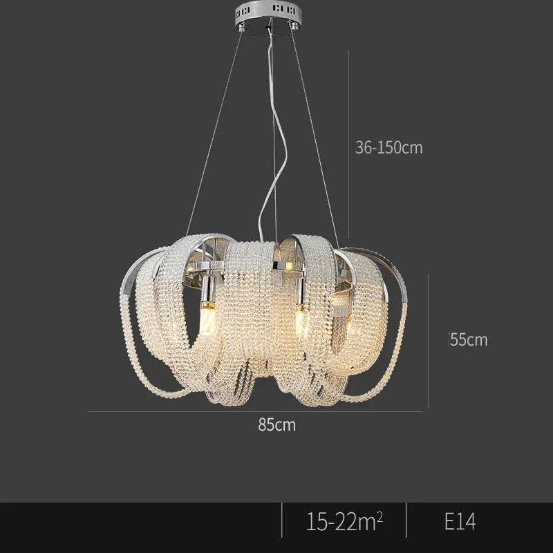Modern Nordic crystal chandelier with LED tassels, 85 cm wide, adjustable height, E14 bulbs.