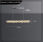 Chrome rectangular K9 crystal chandelier with LED lights, adjustable wires, and 50cm ceiling base.