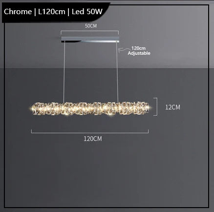 Chrome rectangular K9 crystal chandelier with LED lights, adjustable wires, and 50cm ceiling base.