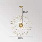 Modern gold chandelier with starburst dandelion shape and crystal accents, 60 cm size.