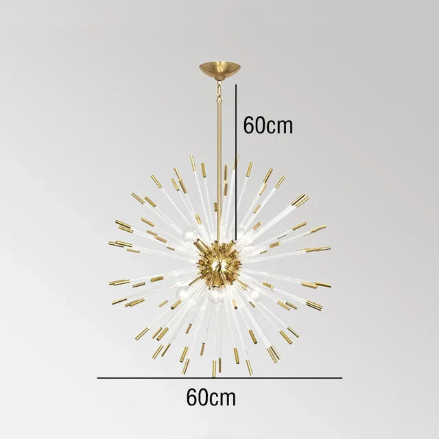 Modern gold chandelier with starburst dandelion shape and crystal accents, 60 cm size.