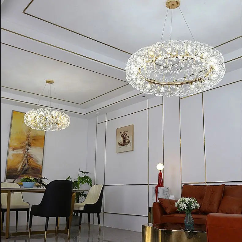 Maison Ornate Crystal Bedroom Chandelier with gold metal accents, elegant modern crystal lighting fixture.