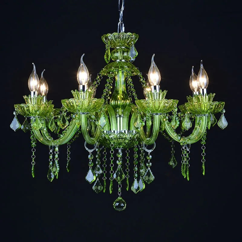 Maison Ornate Baroque Chandelier with six candle-style bulbs, green crystal pendants, ornate details.