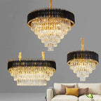 Three Maison Ornate K9 Crystal Modern Luxury LED Hallway Chandeliers with gold and black accents.