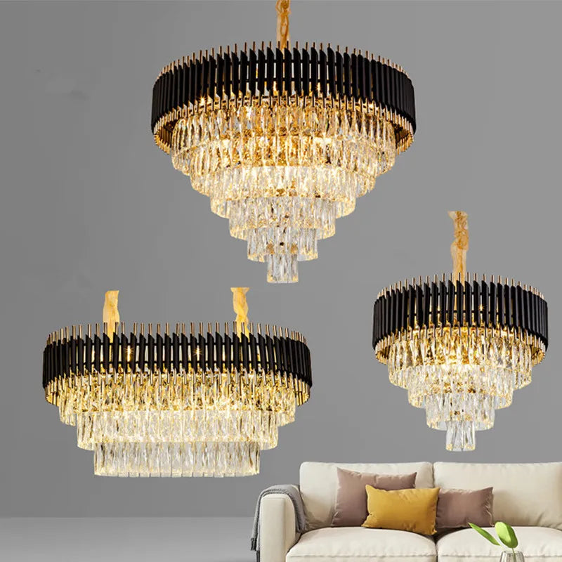 Three Maison Ornate K9 Crystal Modern Luxury LED Hallway Chandeliers with gold and black accents.