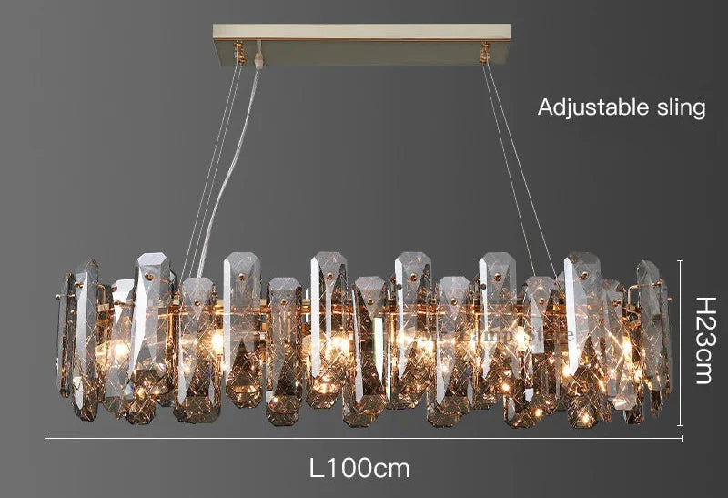 Rectangular LED chandelier with hanging crystals, adjustable wires, and exposed LEDs, 100x23 cm.