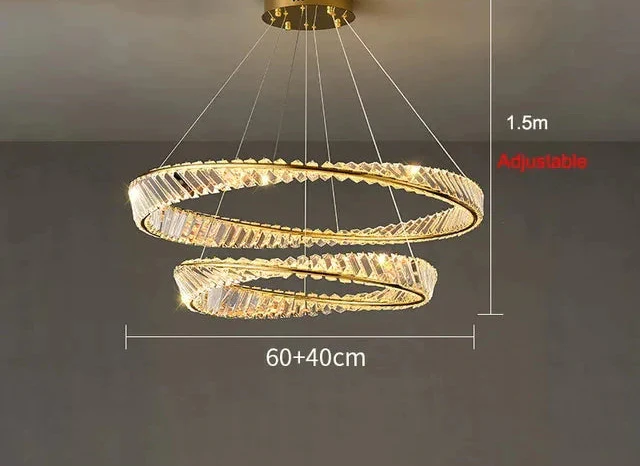 Gold industrial chandelier with two crystal rings, adjustable wires, and remote control for modern elegance.