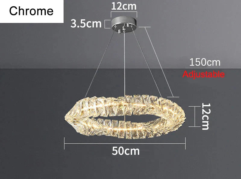 Chrome LED chandelier with textured crystal ring, adjustable cables, and compact ceiling mount; all measurements included.