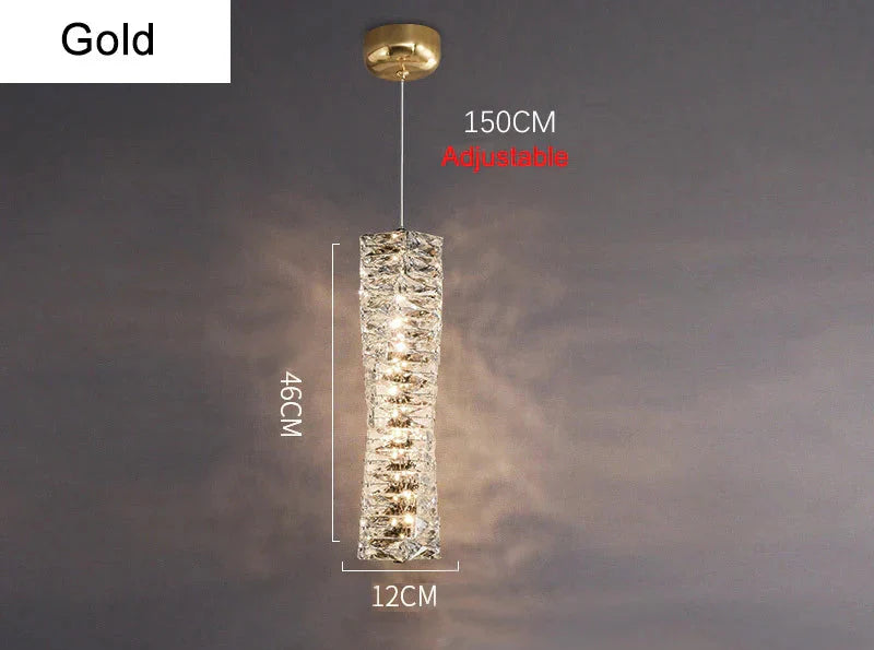 Modern gold LED chandelier with twisted glass shade, dimmable rings, and adjustable hanging height.
