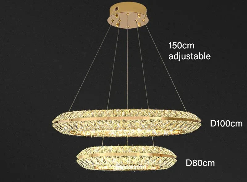 Maison Ornate Modern Crystal LED Chandelier with dual gold crystal rings and adjustable hanging cables.