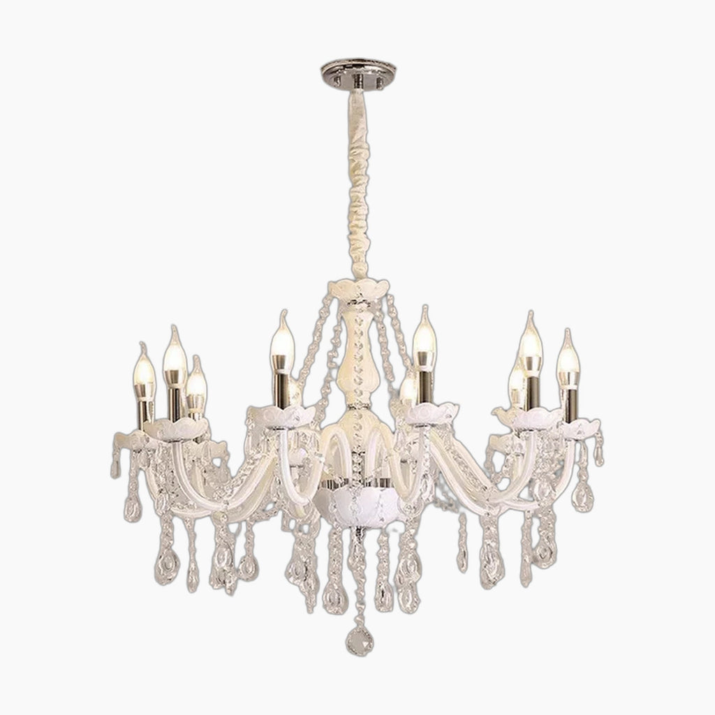 Maison Ornate Nordic Baroque chandelier with eight candle bulbs, curved tubes, and crystal pendants.