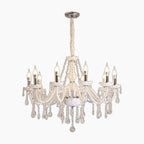 Maison Ornate Nordic Baroque chandelier with eight candle bulbs, curved tubes, and crystal pendants.