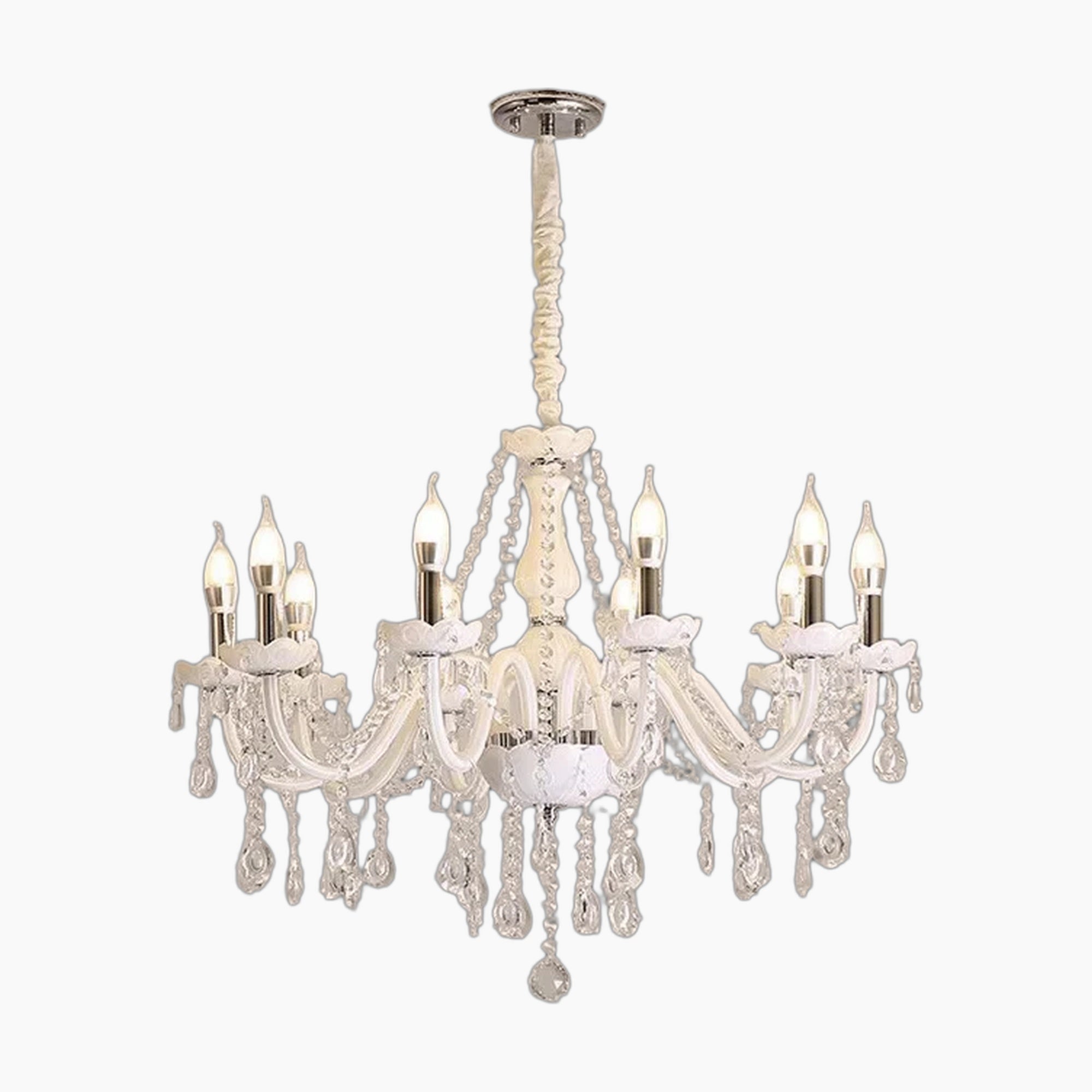 Maison Ornate Nordic Baroque chandelier with eight candle bulbs, curved tubes, and crystal pendants.