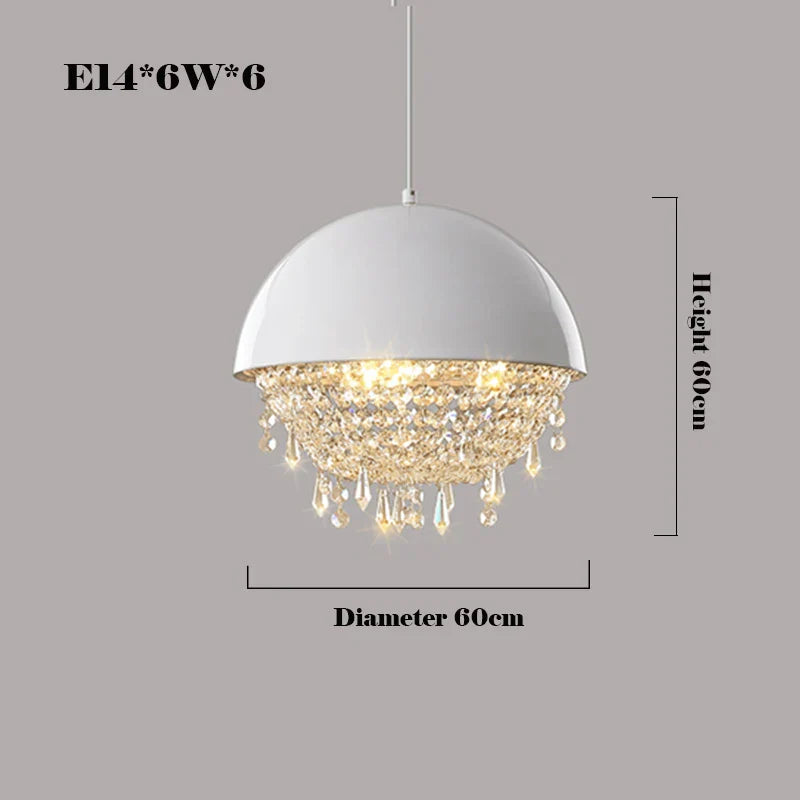 Elegant hemispheric chandelier with white dome, dangling crystals, warm glow, six E14 bulbs, 60cm size.