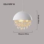 Elegant hemispheric chandelier with white dome, dangling crystals, warm glow, six E14 bulbs, 60cm size.