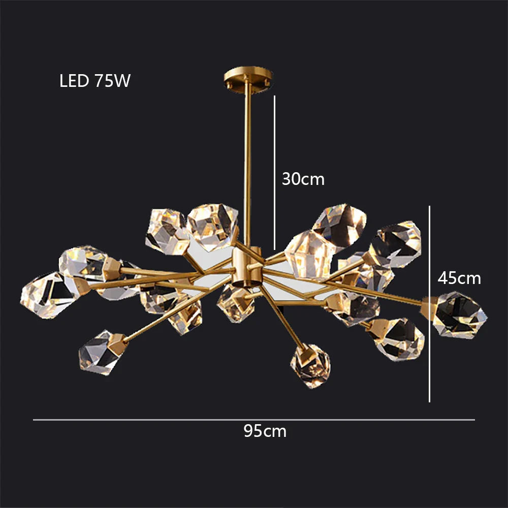 Elegant gold crystal pendant chandelier with 75W LEDs, 95cm wide, 45cm high, modern glass design.