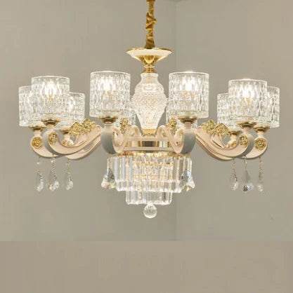 Maison Ornate Modern Baroque Chandelier with glass arms, LED lighting, and hanging crystal ornaments.