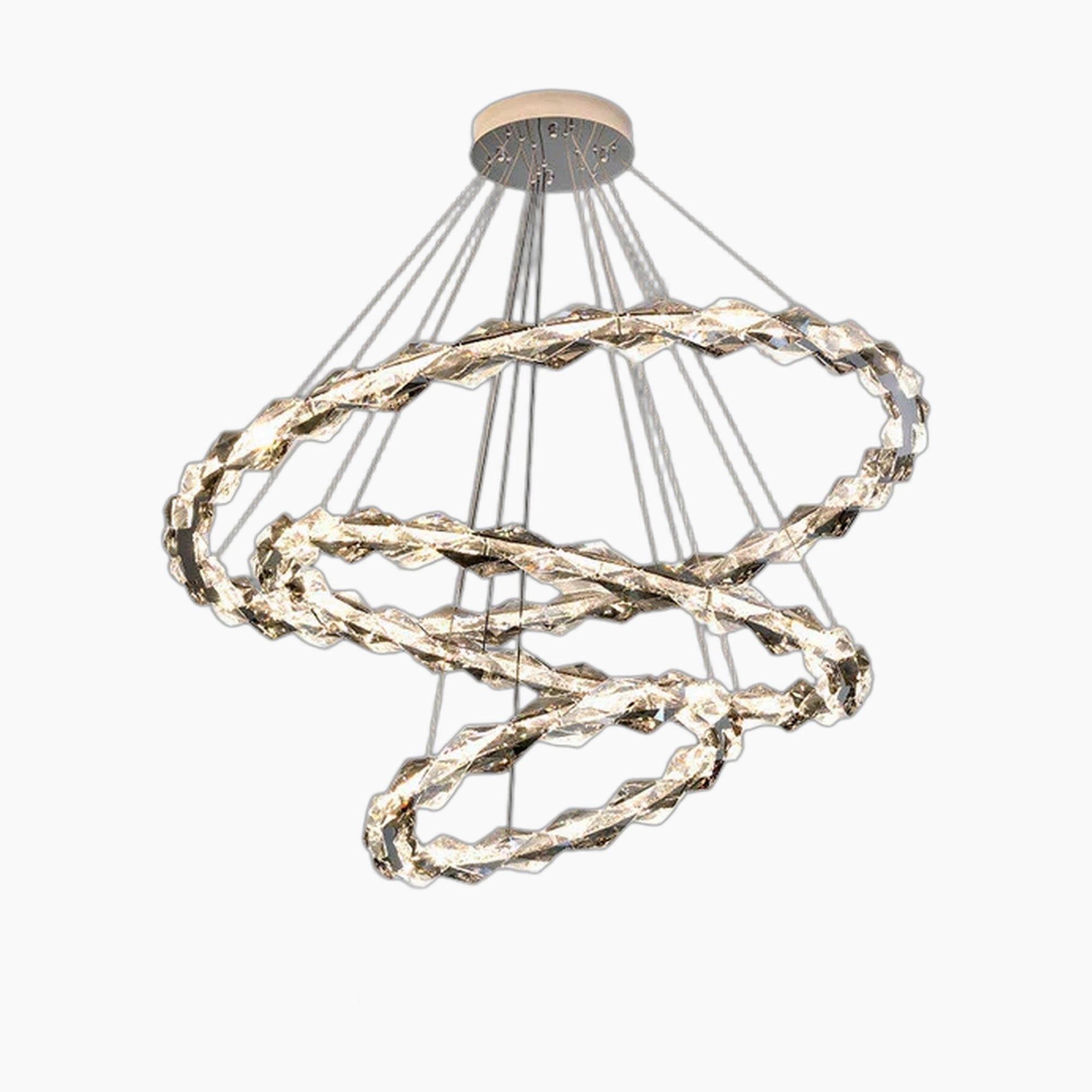 Three intertwined LED crystal rings with metallic finish, suspended by thin wires from round base.