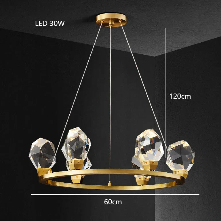 Modern crystal glass chandelier with four faceted lights, three wires, 120cm high, LED illuminated.