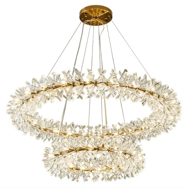 Maison Ornate Modern Crystal Chandelier with two gold tiers, clear crystals, and dimmable LED rings.