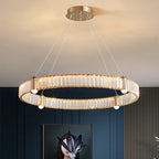 Gold-finished Nordic crystal chandelier with LED rings, suspended by four thin wires, modern elegance.