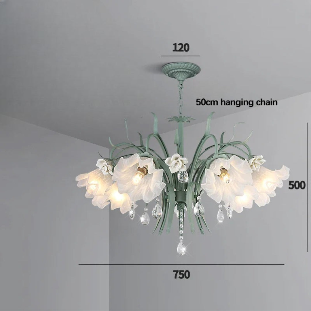 Art Deco Crystal Chandelier with Pastoral Glass Flowers