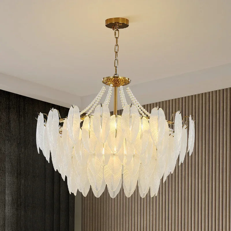 Maison Ornate Modern Crystal Chandelier with vintage tassels and feathers, elegant and luxurious lighting fixture.