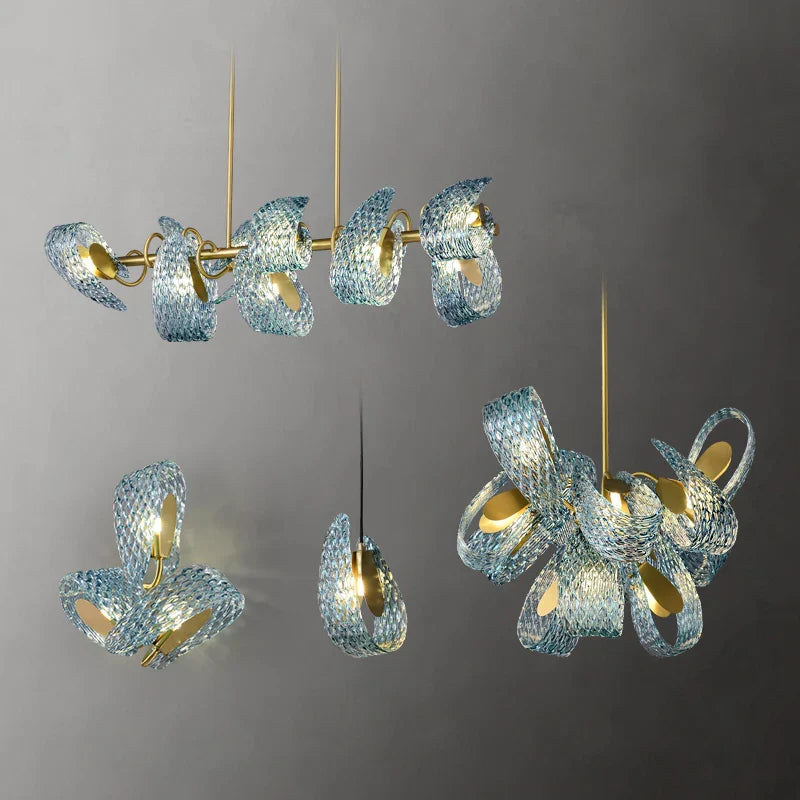 Maison Ornate Crystal Chandeliers with LED gold accents, blue textured glass, and artistic designs.