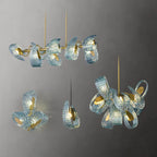 Maison Ornate Crystal Chandeliers with LED gold accents, blue textured glass, and artistic designs.