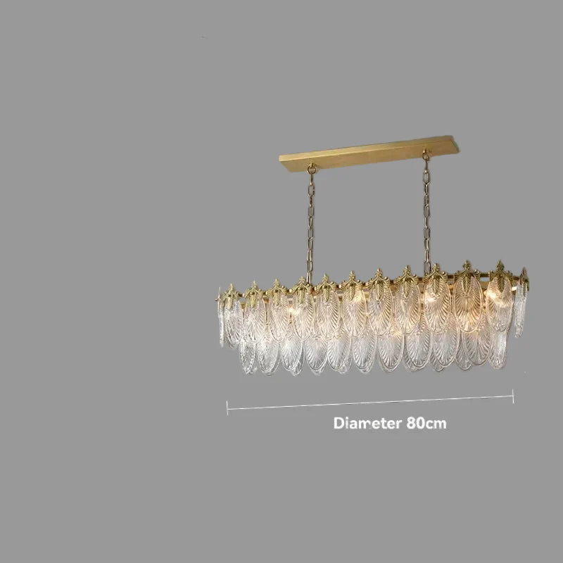 Rectangular gold chandelier with chains, adorned with crystal leaf pendants. Width: 80 cm.