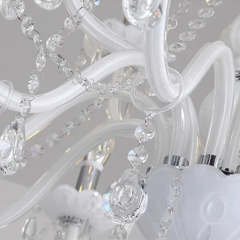 Close-up of Maison Ornate Nordic Baroque Crystal Chandelier with curved tubes and sparkling crystal accents.