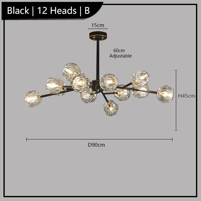 Postmodern crystal chandelier with 12 glass globes, LED lighting, metal rods, and adjustable suspension.