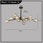Postmodern crystal chandelier with 12 glass globes, LED lighting, metal rods, and adjustable suspension.