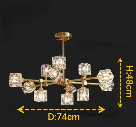 Maison Ornate Modern Crystal Chandelier with nine cube LED lamps on a gold metal frame.