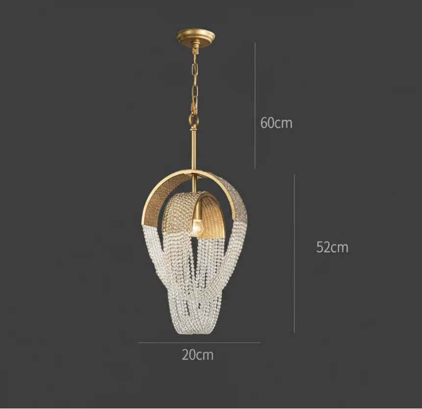 Gold and crystal beaded Nordic chandelier with curved metal, LED tassels, 60cm high.