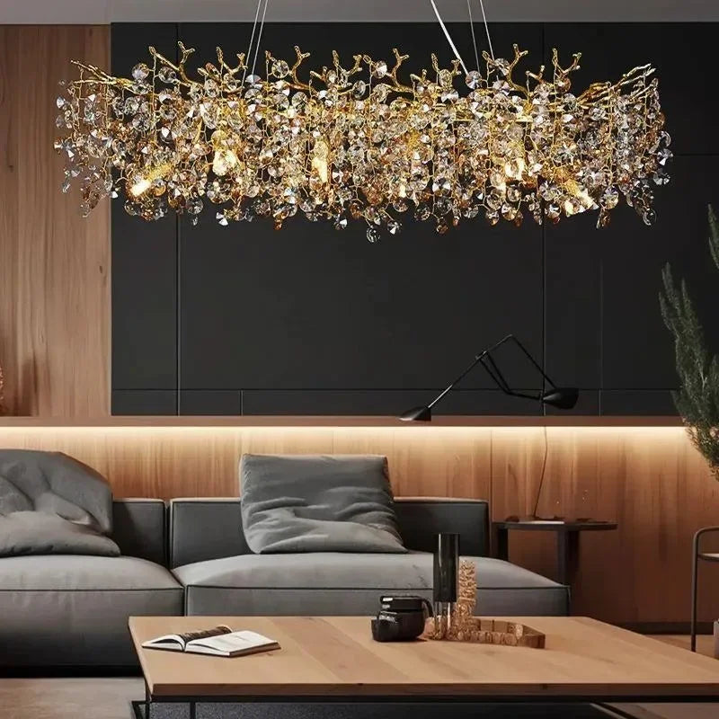 Maison Ornate Elegant Contemporary Crystal Chandelier with LED Remote Control, modern sleek design, sparkling crystal accents.