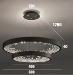 Modern chandelier with two black crystal rings, dimmable LEDs, and adjustable hanging length.