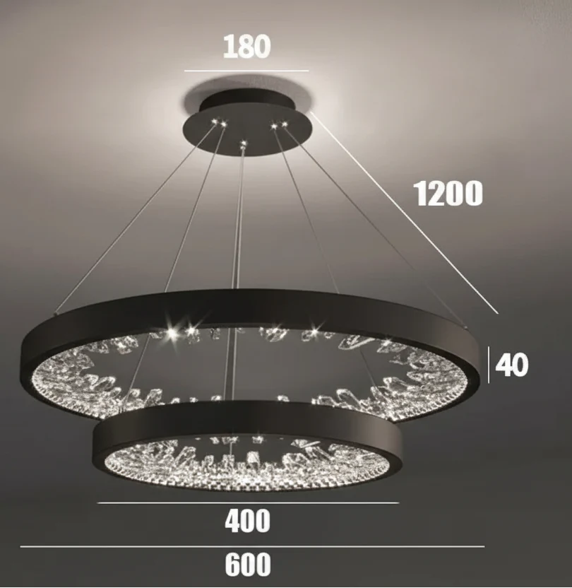 Modern chandelier with two black crystal rings, dimmable LEDs, and adjustable hanging length.