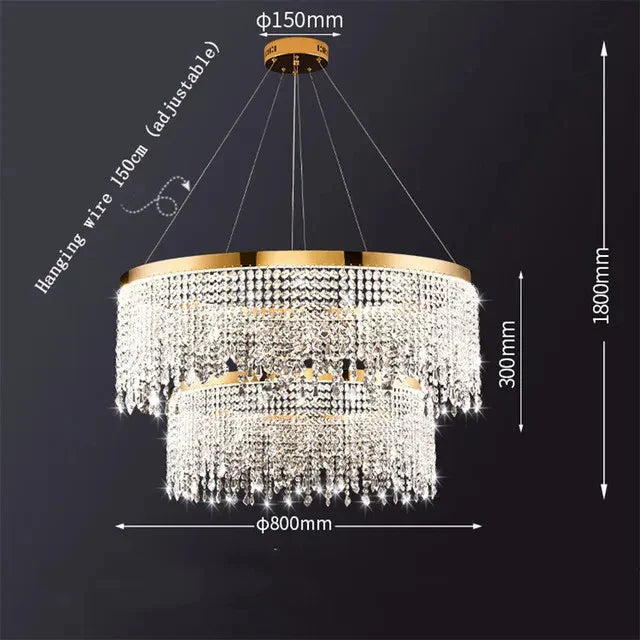 Modern crystal chandelier with gold pendants, two tiers, 800mm wide, adjustable hanging up to 1800mm.