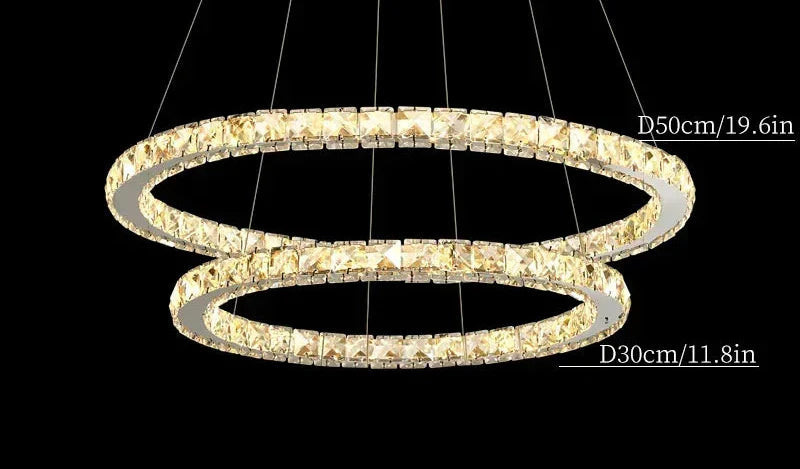 Maison Ornate chandelier with two crystal-embellished LED rings in modern industrial design.