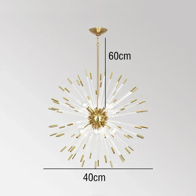 Gold-finished dandelion LED crystal chandelier with radiant rods and bulbs, 40x60 cm size.