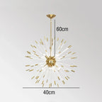 Gold-finished dandelion LED crystal chandelier with radiant rods and bulbs, 40x60 cm size.