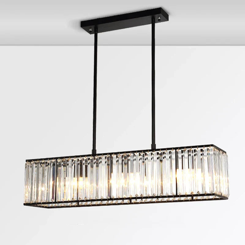Rectangular LED crystal chandelier with clear glass rods, black metal frame, and warm illumination.