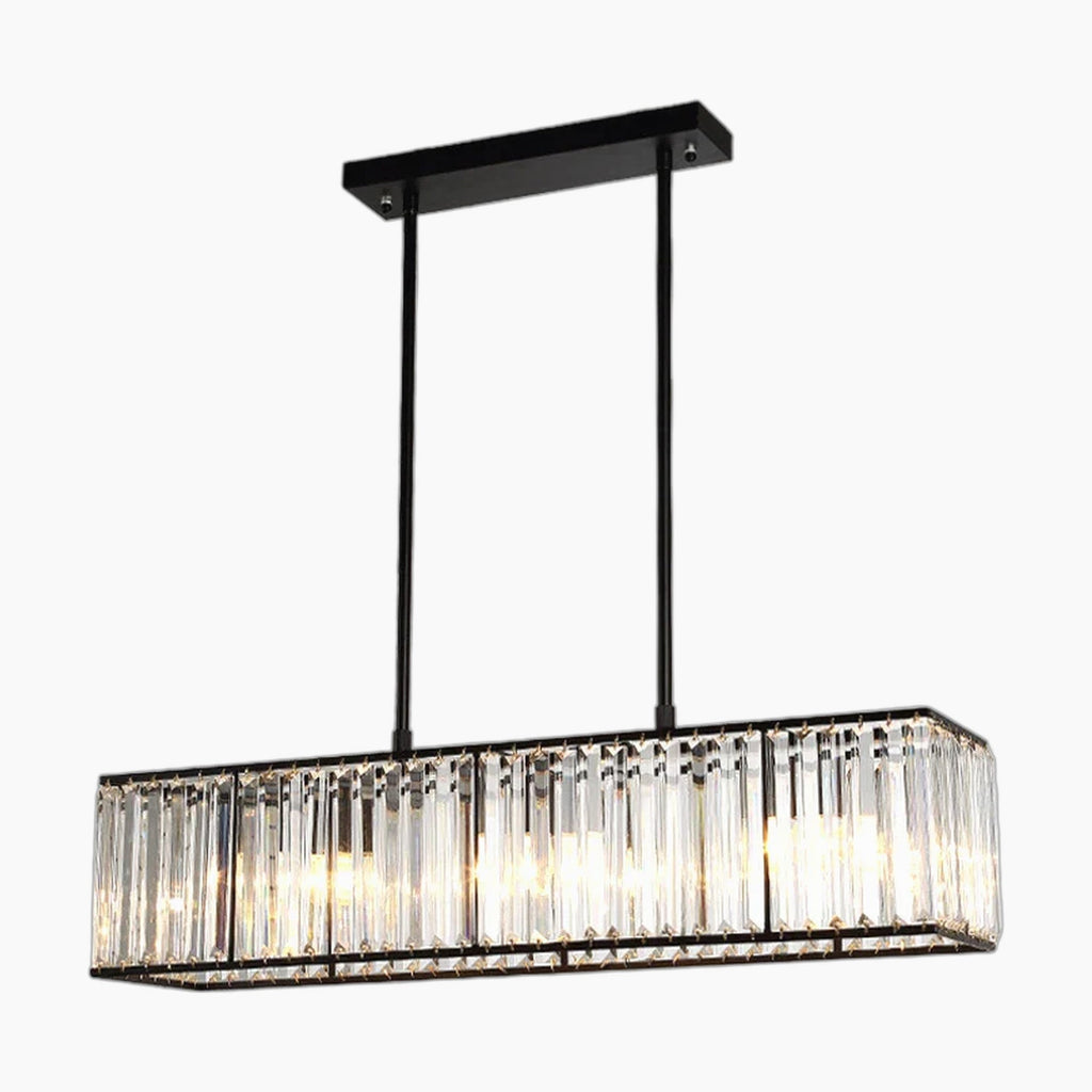 Modern rectangular LED chandelier with black frame, clear crystal prisms, and dual rod suspension.