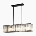 Modern rectangular LED chandelier with black frame, clear crystal prisms, and dual rod suspension.